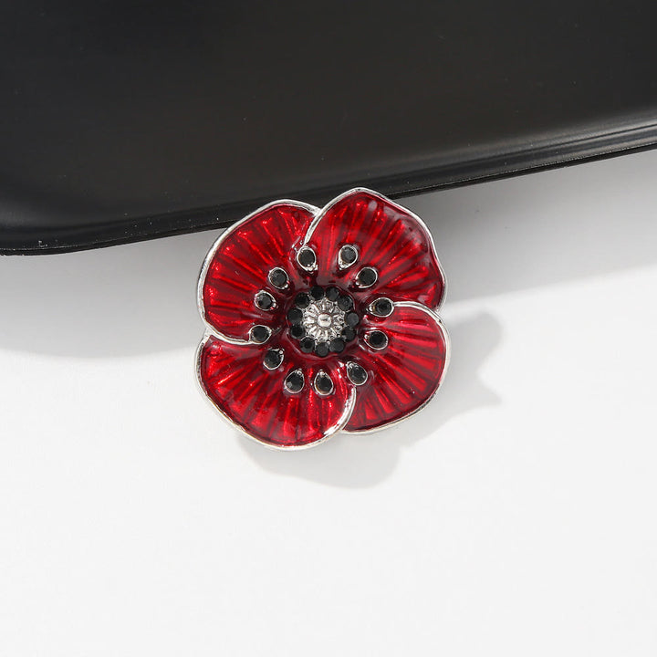 Red Poppy Gem Embellished Silver Trim Brooch - image 1