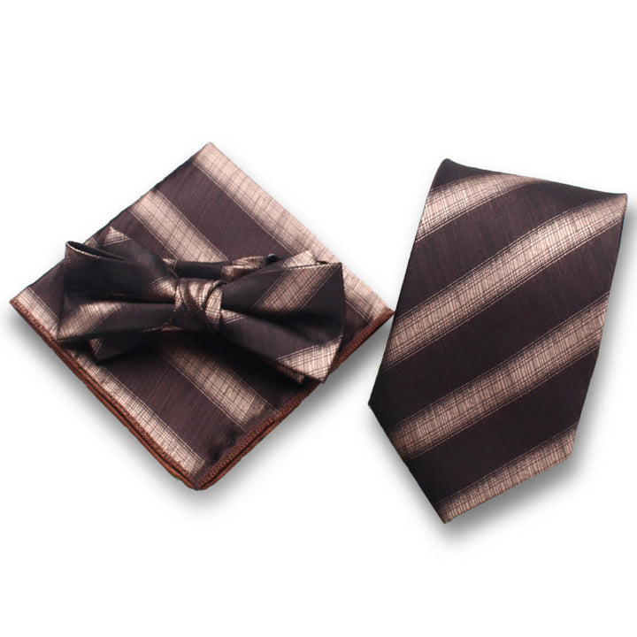 3Pcs Men's Elegant Striped Satin Bow Tie Pocket Square Necktie Formal Set - Style #2 - image 1