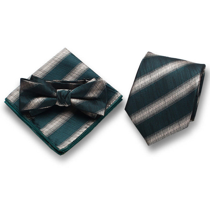 3Pcs Men's Elegant Striped Satin Bow Tie Pocket Square Necktie Formal Set - Style #1 - image 0