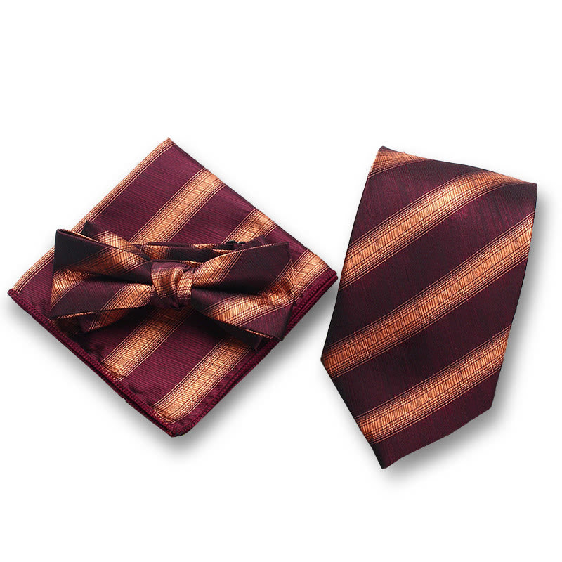 3Pcs Men's Elegant Striped Satin Bow Tie Pocket Square Necktie Formal Set - Style #3 - image 2