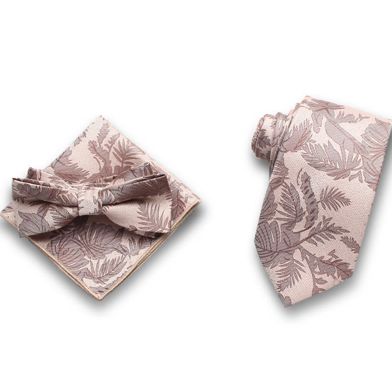 3Pcs Men's Gentle Leaf Pattern Satin Bow Tie Pocket Square Necktie Formal Set - Style #1 - image 0