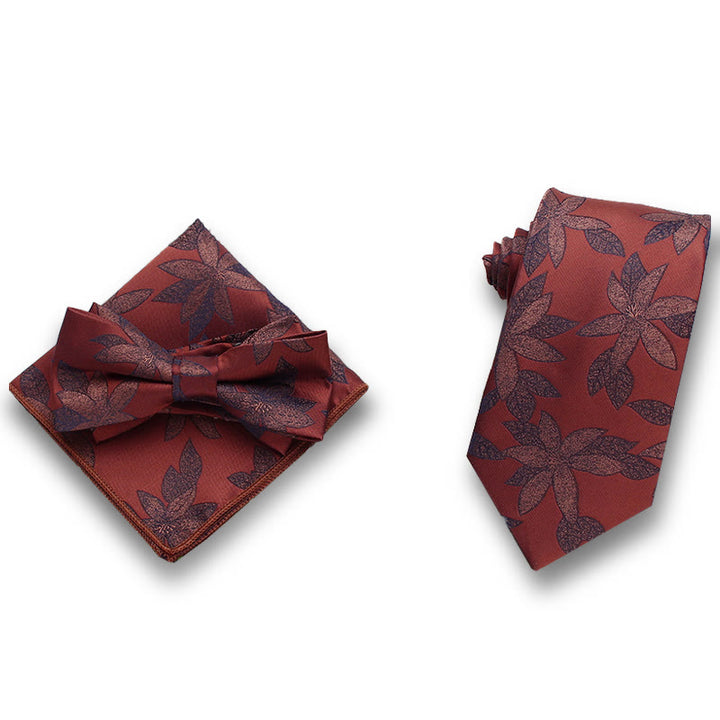 3Pcs Men's Gentle Leaf Pattern Satin Bow Tie Pocket Square Necktie Formal Set - Style #6 - image 5