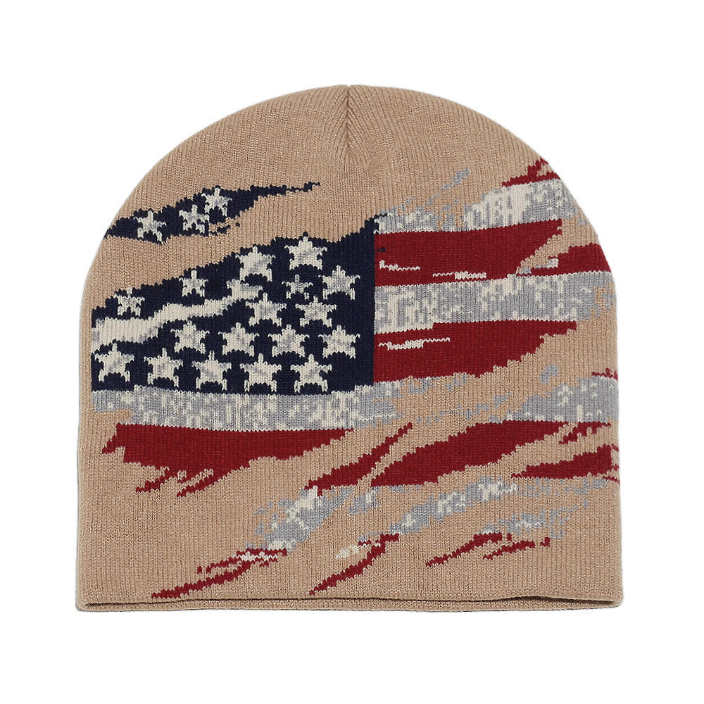Men's Stylish Distressed American Flag Pattern Multi-color Knitted Hat - Khaki - 58 (22 7/8") - image 6