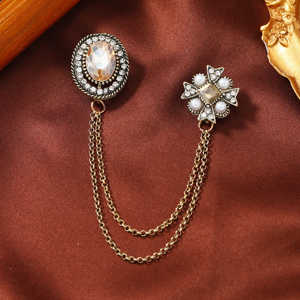 Vintage Gem-Adorned Crescent Double-Chain Gold Accent Brooch - Style #1 - image 0