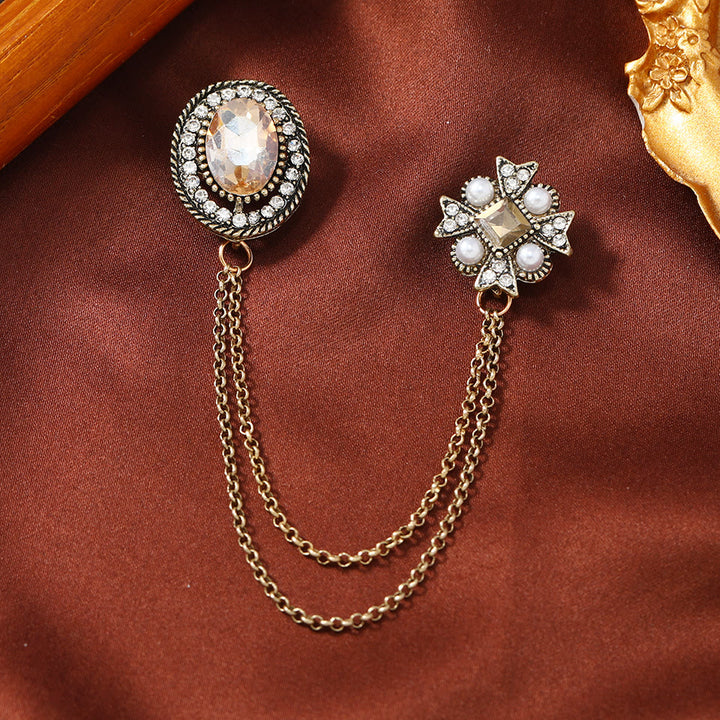 Vintage Gem-Adorned Crescent Double-Chain Gold Accent Brooch - Style #1 - image 0