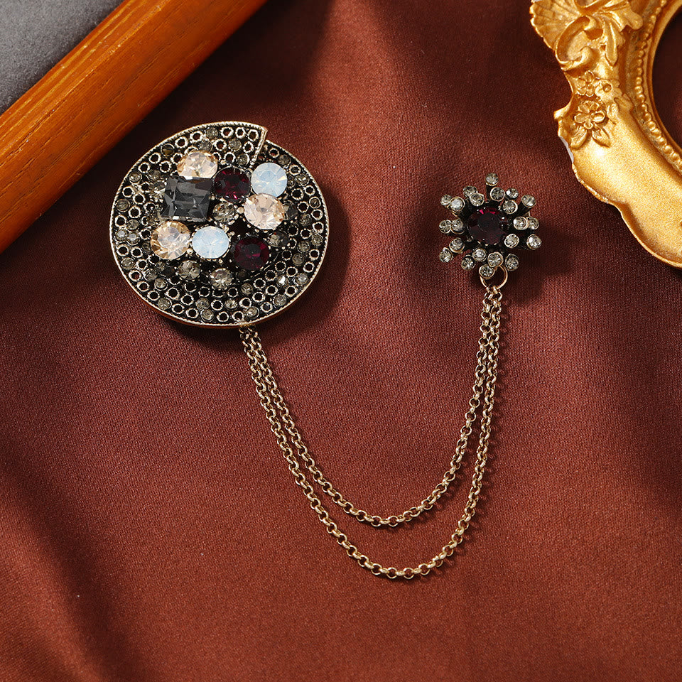 Vintage Gem-Adorned Crescent Double-Chain Gold Accent Brooch - Style #2 - image 1