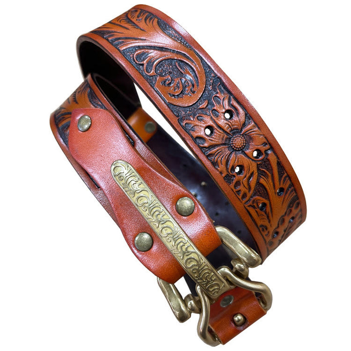 Men's Retro Knight Golden Buckle Carved Leather Belt - Brown Carving - 34 - image 4