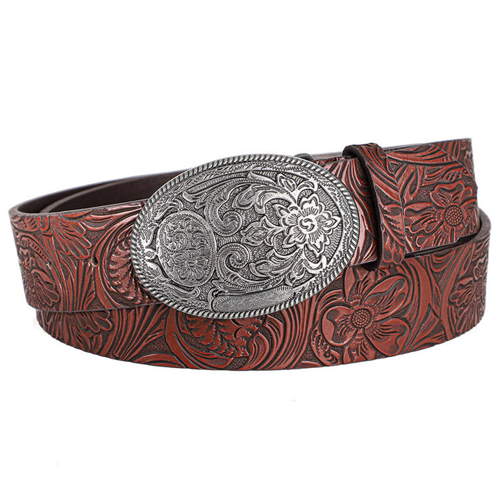 Men's Retro Silver Oval Carved Buckle Leather Belt - Wine - 40 - image 9