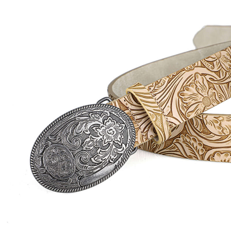 Men's Retro Silver Oval Carved Buckle Leather Belt - image 2