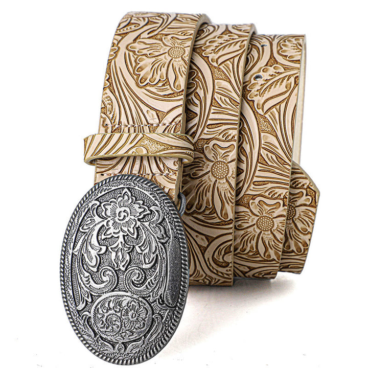 Men's Retro Silver Oval Carved Buckle Leather Belt - image 0