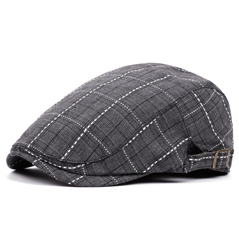 Men's Retro Checkered-Line Adjustable Buckle Beret Hat - Black - Adjustable (About 21 5/8"-23 1/4") - image 0