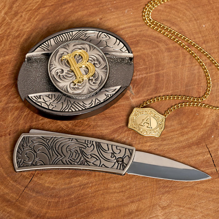 Initial Letter DIY Hidden Knife Belt Buckle Gold Necklace Bundle Set - image 1