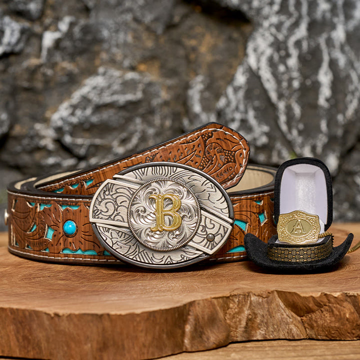 Initial Letter DIY Hidden Knife Belt Buckle Gold Necklace Bundle Set - image 0