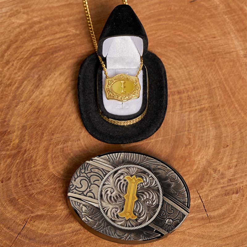 Initial Letter DIY Hidden Knife Belt Buckle Gold Necklace Bundle Set - I - Without Belt - image 14