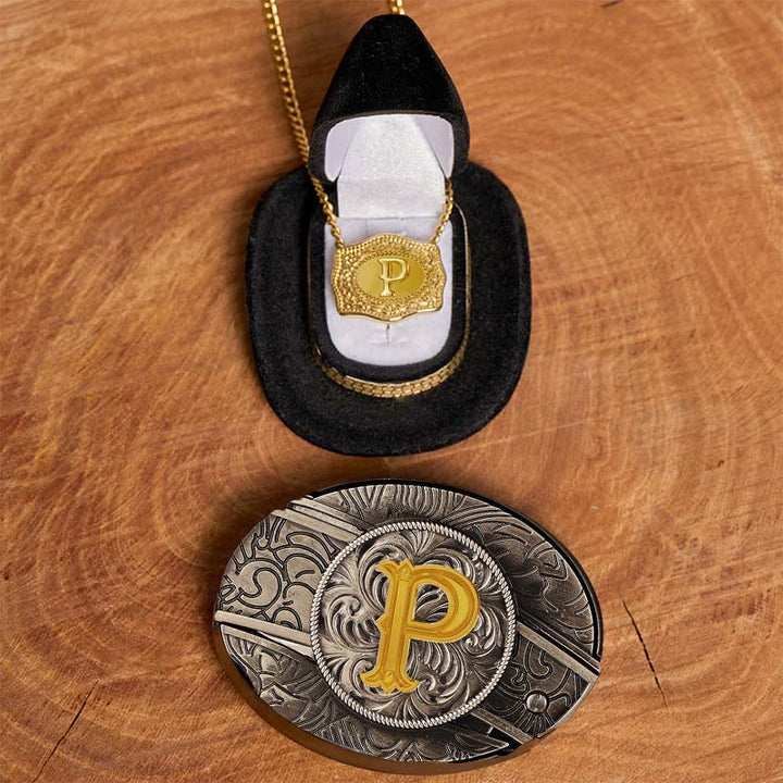 Initial Letter DIY Hidden Knife Belt Buckle Gold Necklace Bundle Set - P - Without Belt - image 21