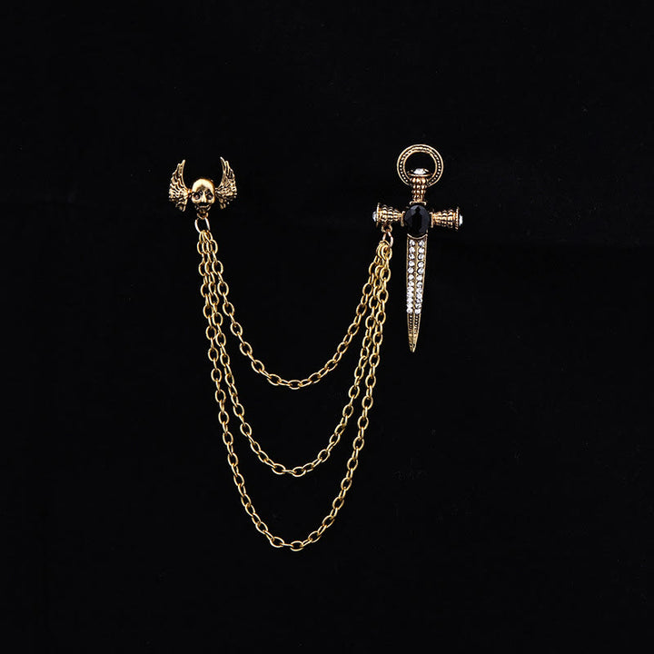 Dark Punk Skull-Wing and Dagger Dual-Style Multi-Chain Brooch - Golden - image 1