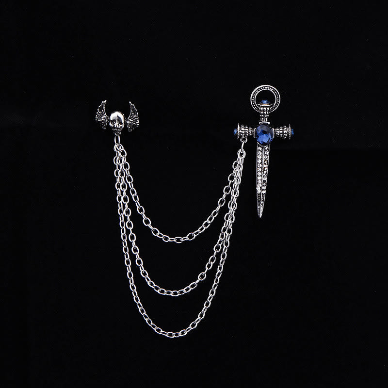 Dark Punk Skull-Wing and Dagger Dual-Style Multi-Chain Brooch - Silver - image 2