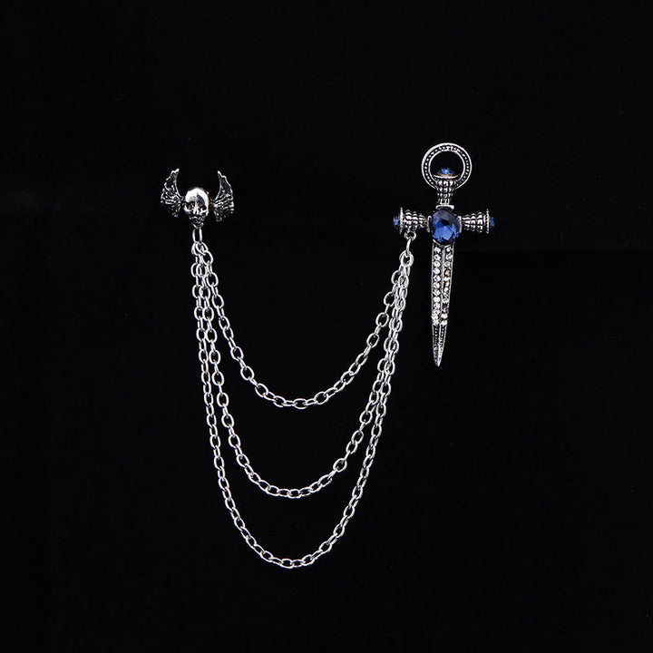 Dark Punk Skull-Wing and Dagger Dual-Style Multi-Chain Brooch - Silver - image 2