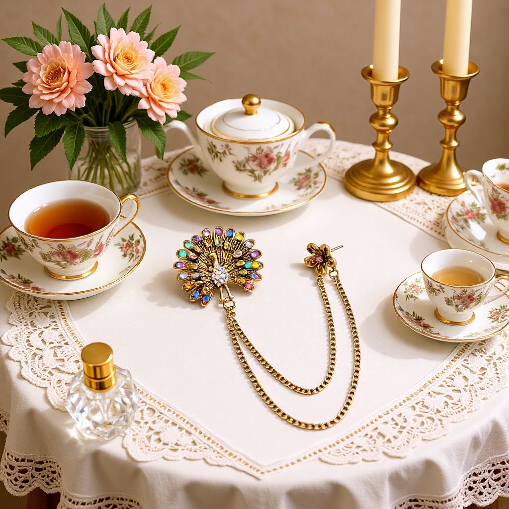 Ornate Peacock Plume Colorful Crystal Double-Chain Brooch - image 0