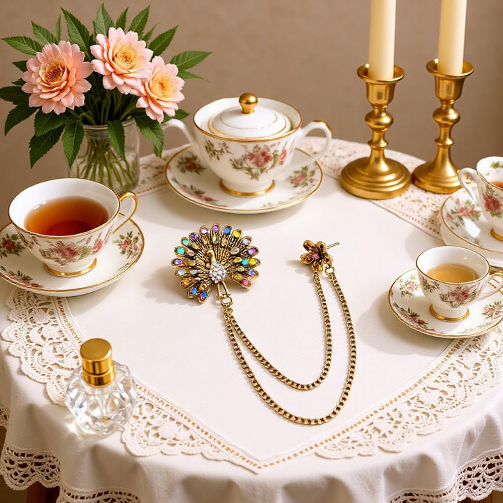 Ornate Peacock Plume Colorful Crystal Double-Chain Brooch - image 0