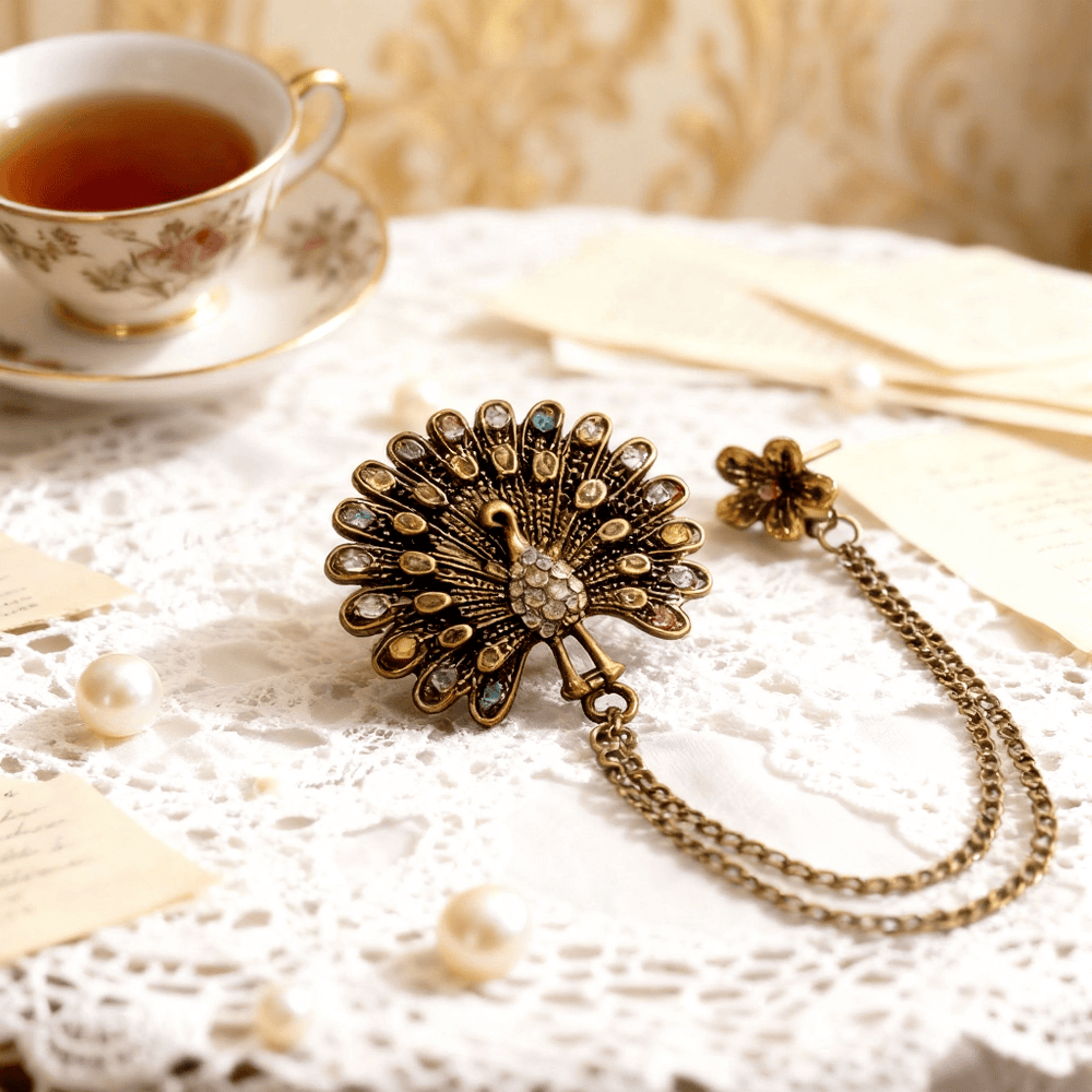 Ornate Peacock Plume Colorful Crystal Double-Chain Brooch - Style #1 - image 1