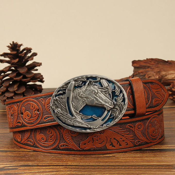 Men's Silver Horsehead & Horseshoe Carving Leather Belt - Blue Horse - Caramel - 44 - image 7