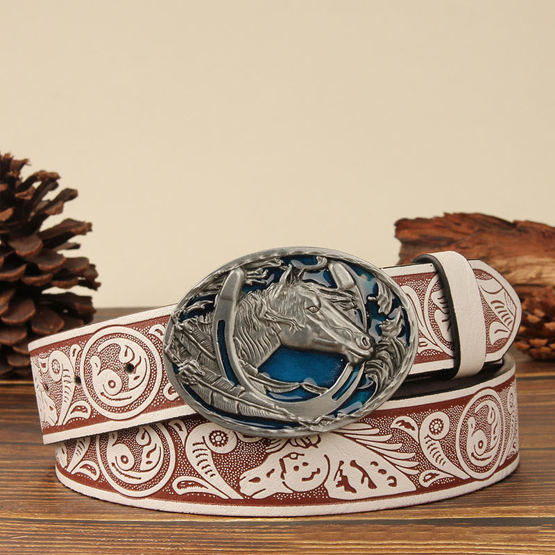 Men's Silver Horsehead & Horseshoe Carving Leather Belt - Blue Horse - White - 44 - image 8