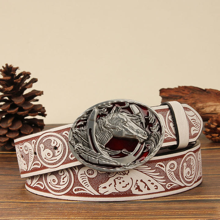 Men's Silver Horsehead & Horseshoe Carving Leather Belt - Red Horse - White - 44 - image 4
