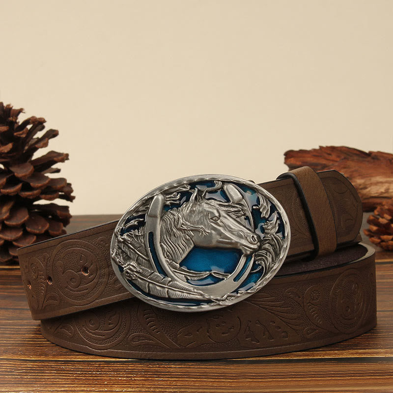 Men's Silver Horsehead & Horseshoe Carving Leather Belt - Blue Horse - Brown - 44 - image 5