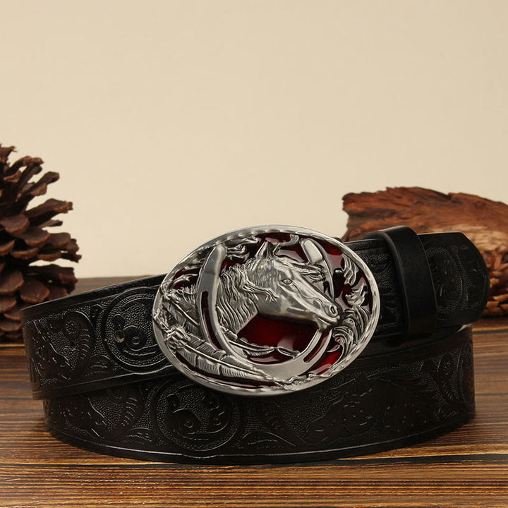 Men's Silver Horsehead & Horseshoe Carving Leather Belt - Red Horse - Black #1 - 44 - image 1