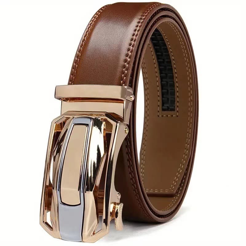 Men's Shiny Coupe Shaped Automatic Buckle Leather Belt - Golden - 46 - image 4