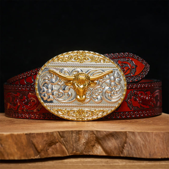 Men's Golden Bull Head Exquisite Carving Elliptical Buckle Leather Belt - Brown Carved Belt - 42 - image 6