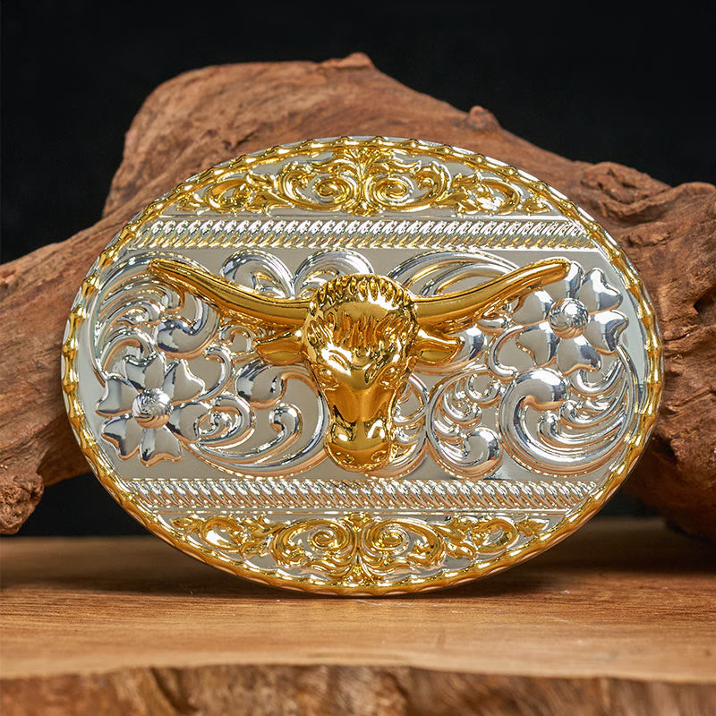 Men's Golden Bull Head Exquisite Carving Elliptical Buckle Leather Belt - Without Belt - Not Included Belt - image 0