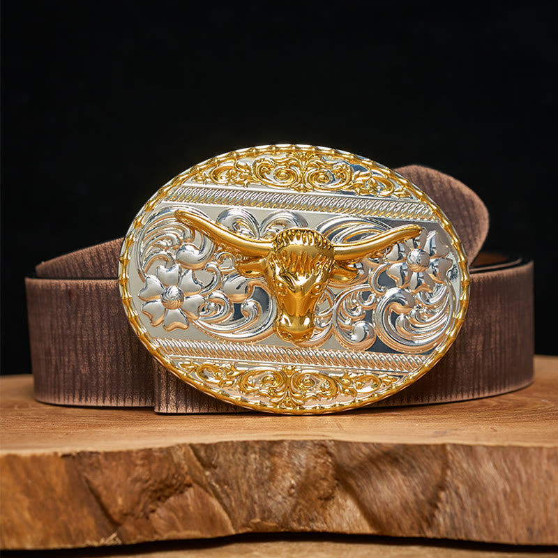 Men's Golden Bull Head Exquisite Carving Elliptical Buckle Leather Belt - Brown Distressed Belt - 42 - image 5
