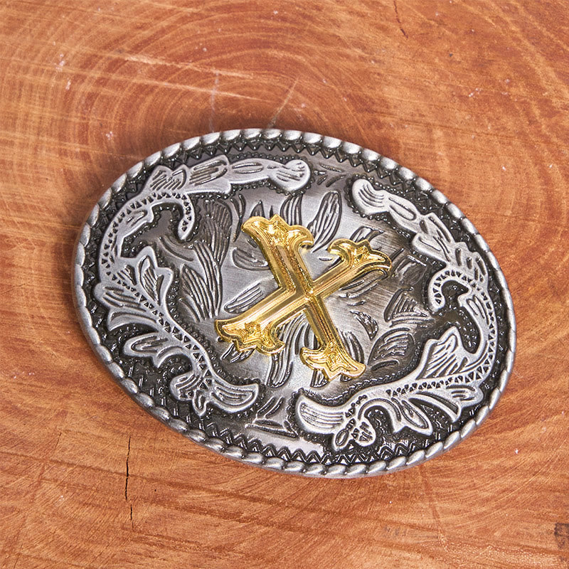 Men's Vintage Silver Oval Carved Golden Letter Buckle Leather Belt - image 1