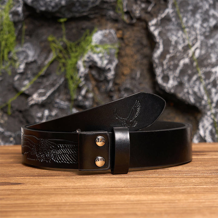 Men's Oval Golden Carved Letter Buckle Leather Belt - Z - Black Embossed Eagle Belt(40) - image 8