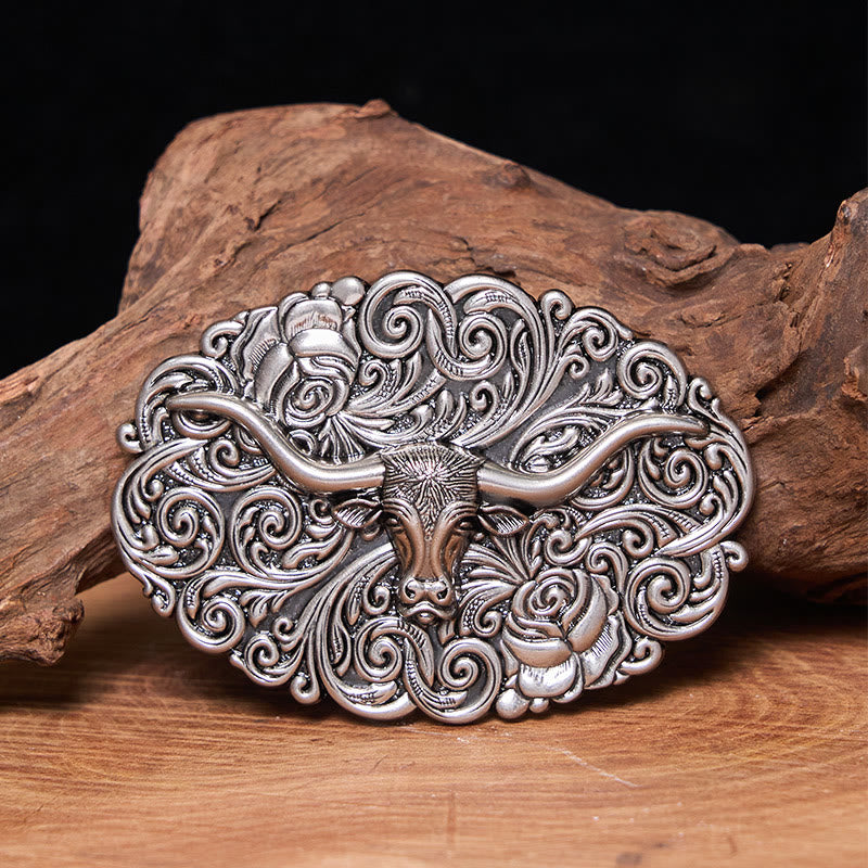 Men's Exquisite Floral Carved Bull Head Buckle Leather Belt - Silver - Without Belt - Not Included Belt - image 0