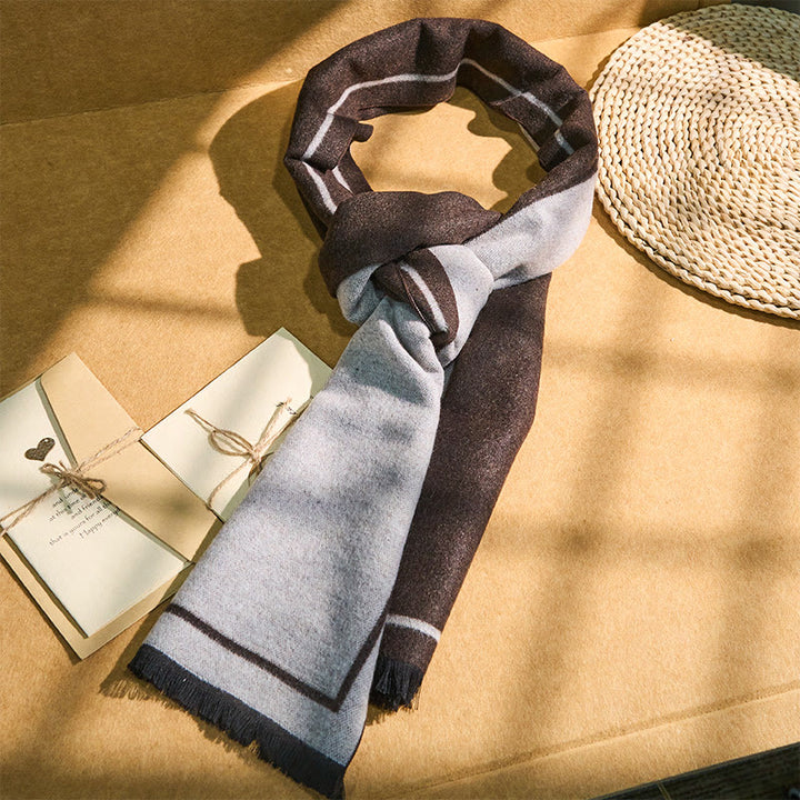 Men's Classic Striped Accent Warm Tassel Scarf - Coffee - image 0