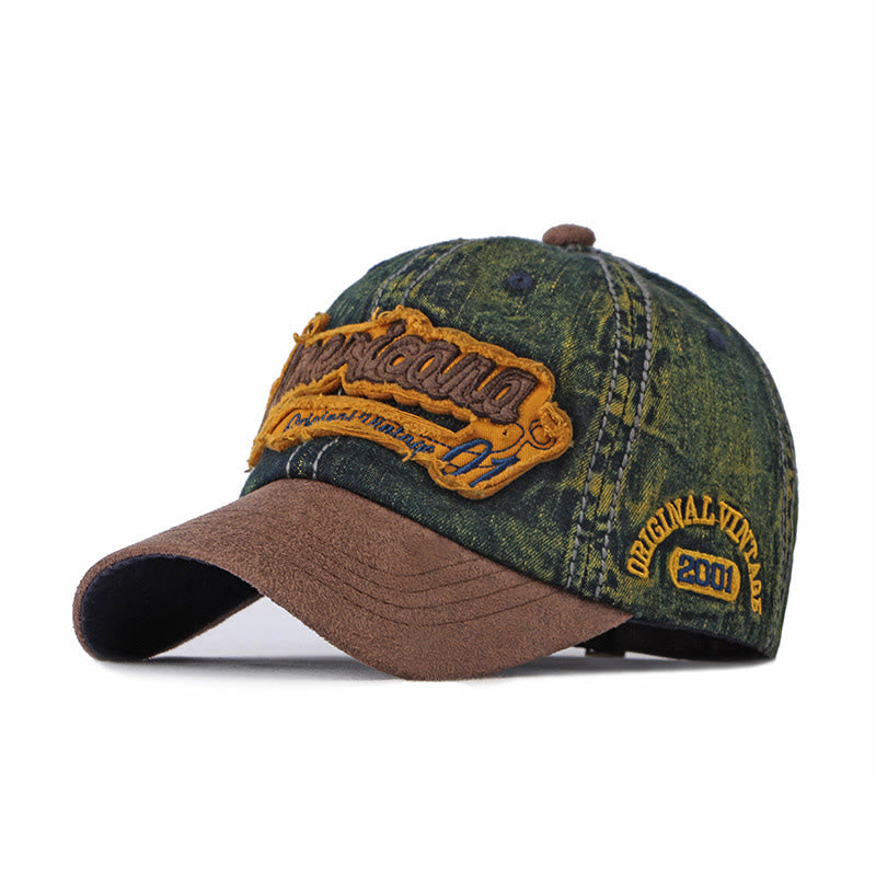 Vintage Distressed Denim & Suede Patchwork Baseball Cap - Dark Green - M (22''-22 7/8") - image 2