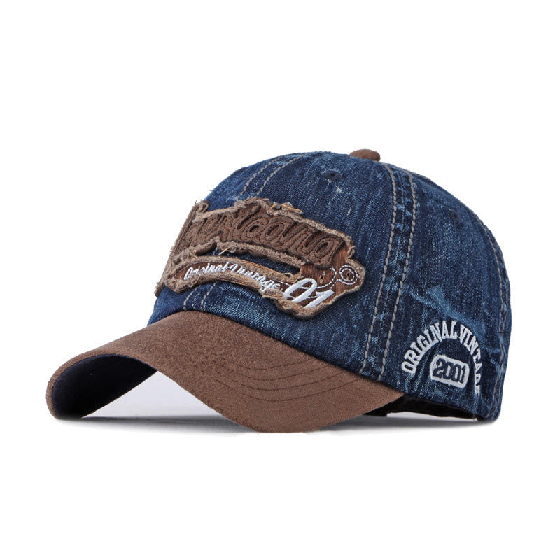 Vintage Distressed Denim & Suede Patchwork Baseball Cap - Dark Blue - M (22''-22 7/8") - image 0