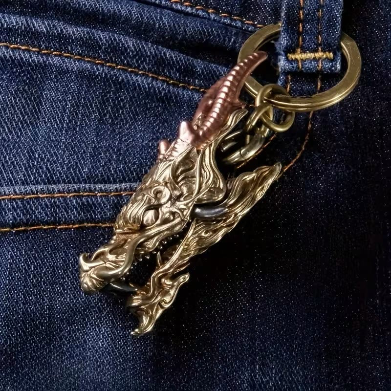 Vintage Intricate Two-Tone Dragon Head Clip Keychain - Dragon Head - image 0