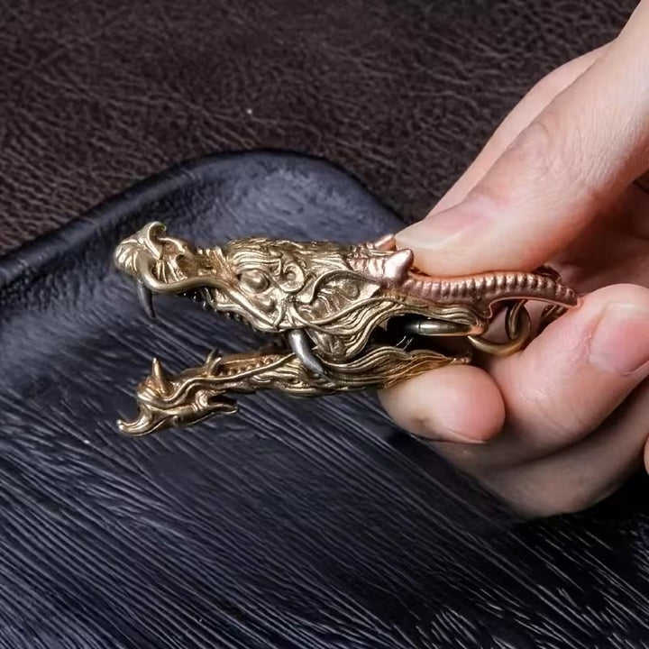 Vintage Intricate Two-Tone Dragon Head Clip Keychain - image 1