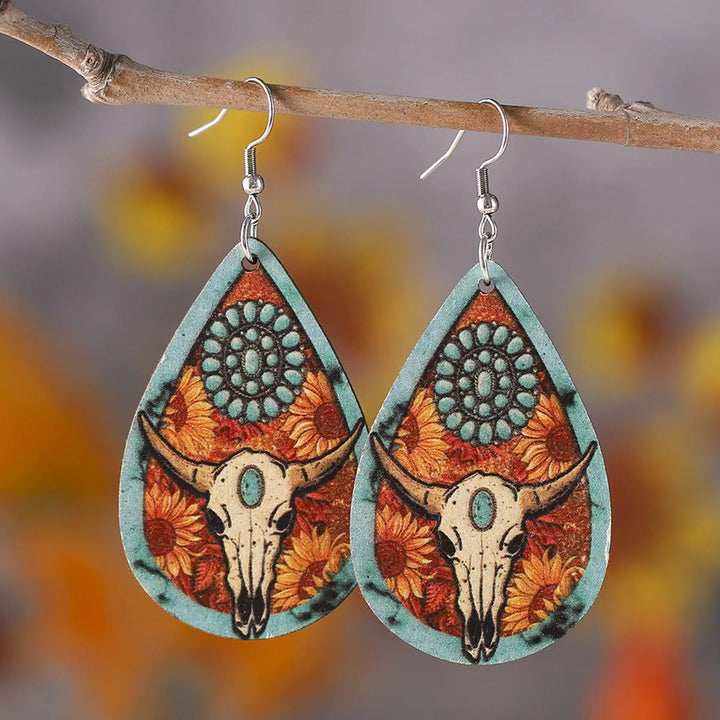 Western Style Bull Head Water Drop Shaped Wooden Earring - Bull Head - image 0