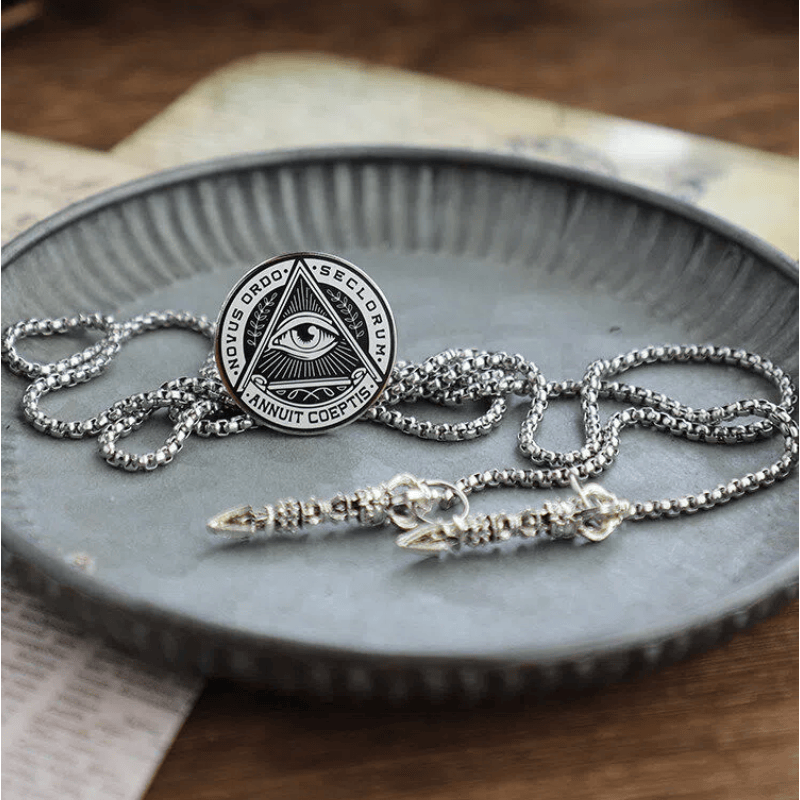 Eye of Providence Latin Inscription Vintage Metal Bolo Tie - image 1