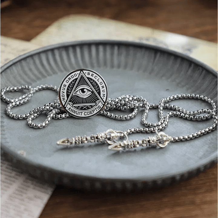 Eye of Providence Latin Inscription Vintage Metal Bolo Tie - image 1