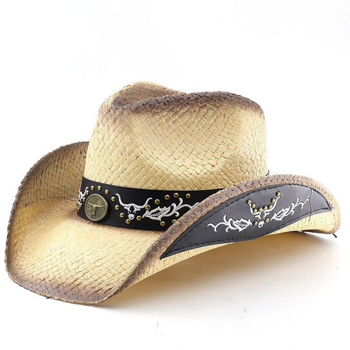 Men's Woven Western Style Bull Emblem Studded Trim Cowboy Hat - Off-white - M (22"-22 7/8") - image 9