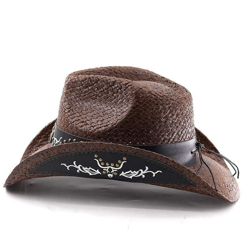 Men's Woven Western Style Bull Emblem Studded Trim Cowboy Hat - image 2