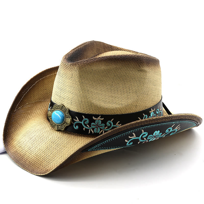 Woven Western Style Turquoise Accent Embroidered Trim Cowboy Hats - Off-white - M (22"-22 7/8") - image 5
