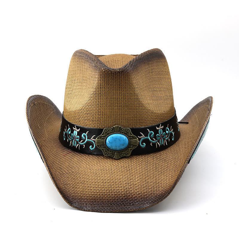 Woven Western Style Turquoise Accent Embroidered Trim Cowboy Hats - image 1
