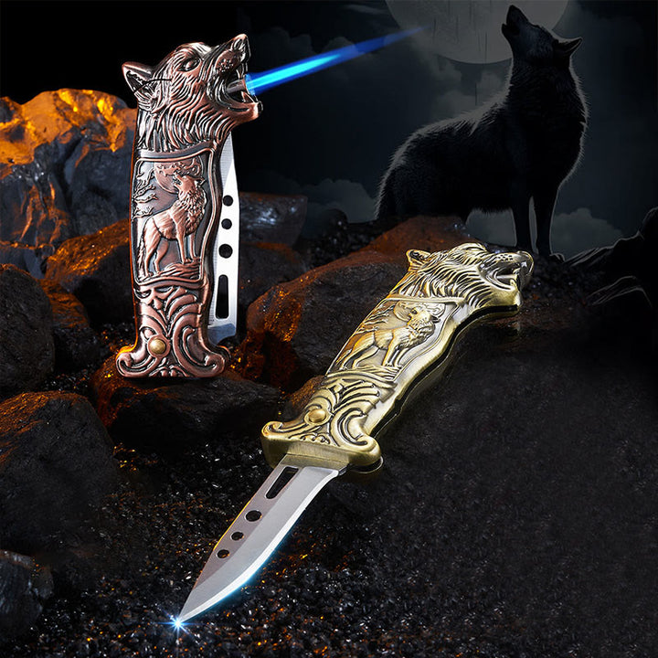 2-in-1 Wolf Head Folding Knife Butane Lighter - image 0
